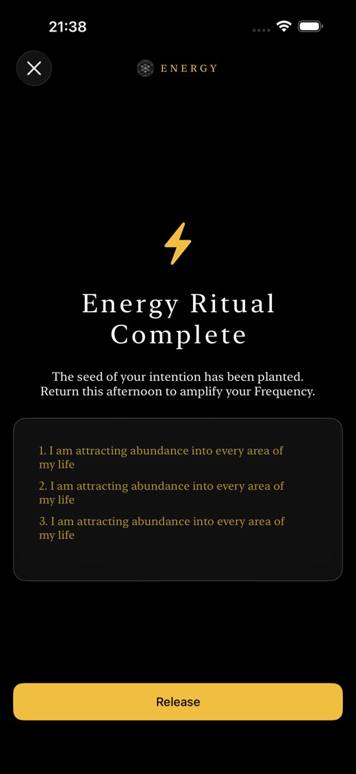 Ritual complete screen, ready to release the intention