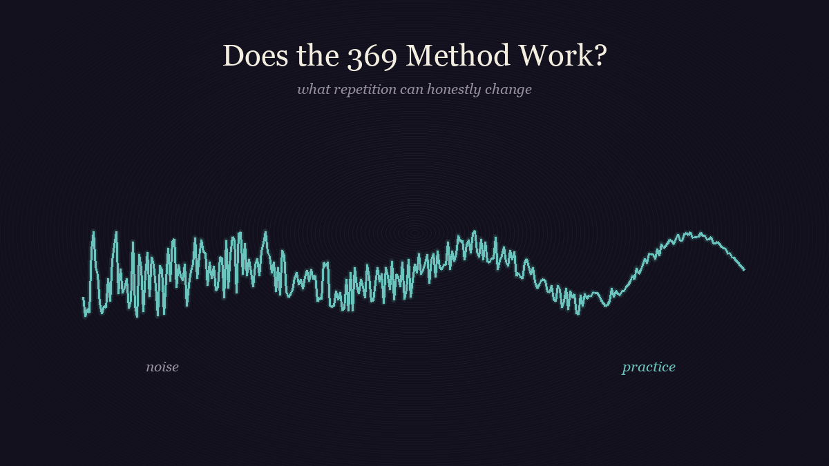 A noisy line resolving into a clear signal, representing what 369 practice honestly changes