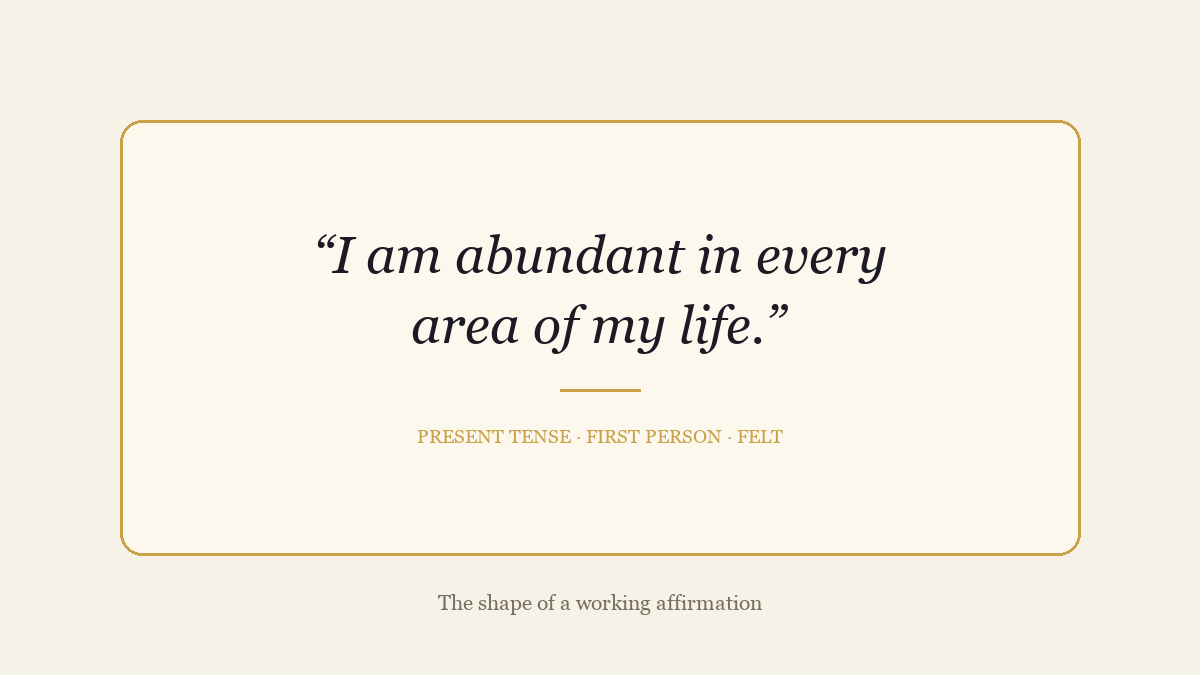 A cream card showing a present-tense affirmation with the words present tense, first person, felt