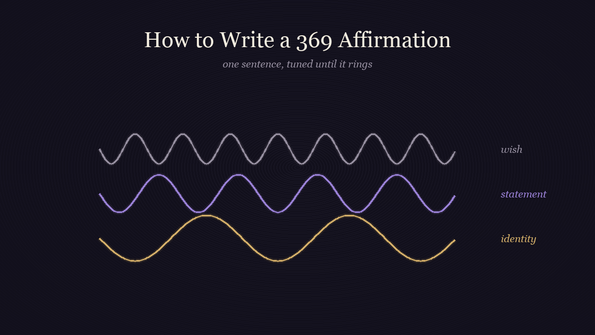 Three waveforms from rough to smooth, showing an affirmation refined from wish to identity