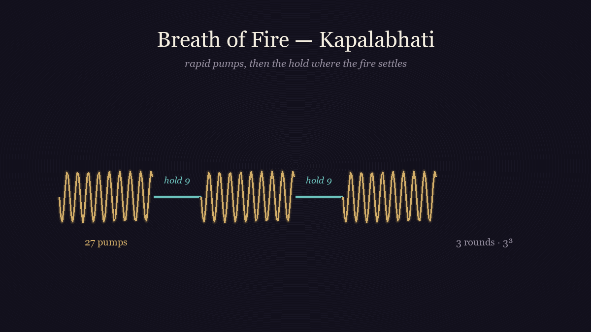 Diagram of Breath of Fire: three rounds of 27 rapid pumps separated by nine-count holds