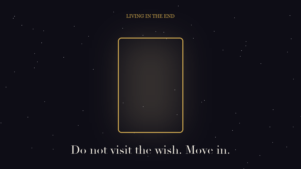 A golden doorway glowing against a night sky with the words living in the end