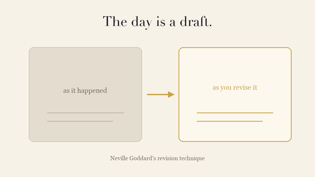 Two panels showing a day as it happened and the same day revised, connected by an arrow